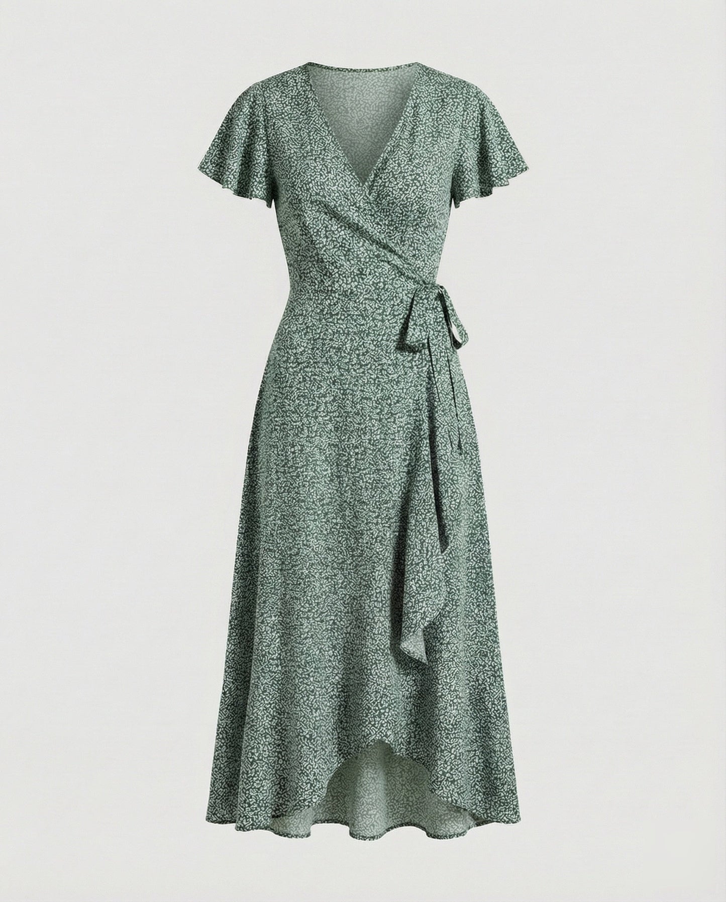 Women's Wrap Dress in Floral Print with High-low Ruffle - Green colorway