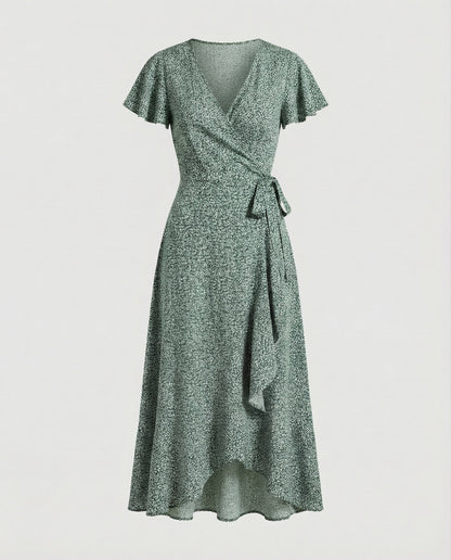 Women's Wrap Dress in Floral Print with High-low Ruffle - Green colorway