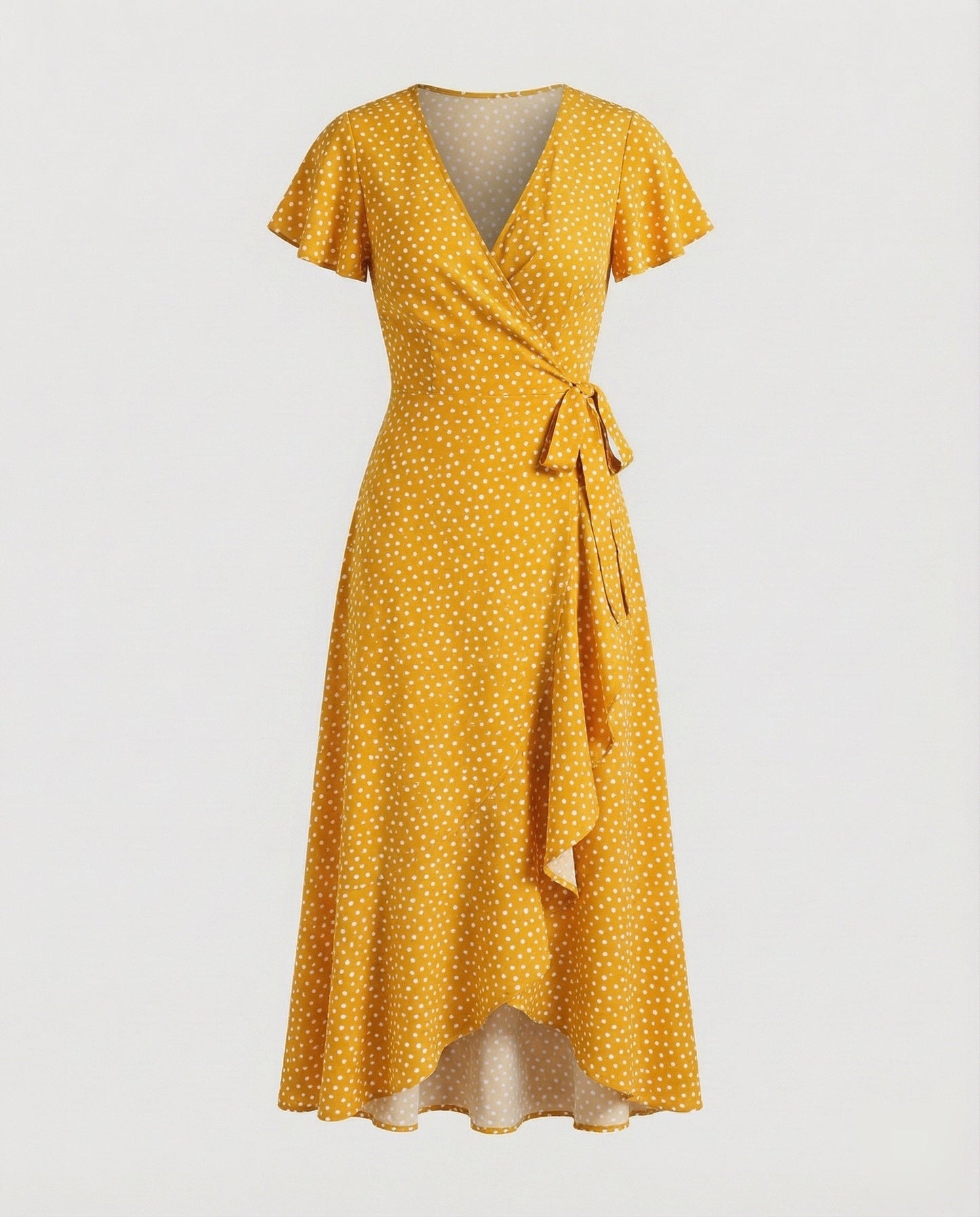 Women's Wrap Dress in Floral Print with High-low Ruffle - Orange colorway