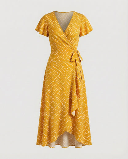 Women's Wrap Dress in Floral Print with High-low Ruffle - Orange colorway