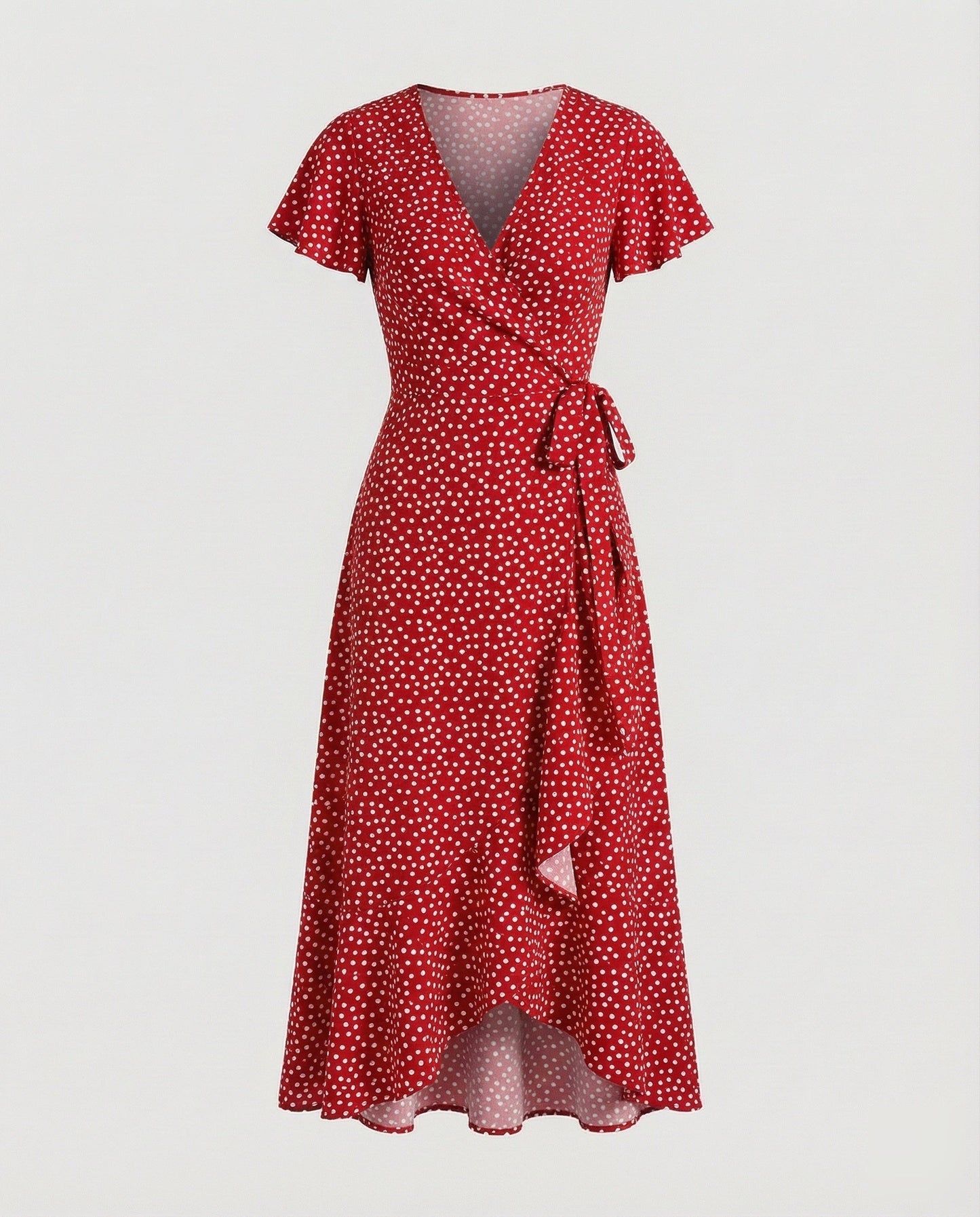 Women's Wrap Dress in Floral Print with High-low Ruffle - Red colorway
