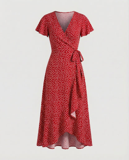 Women's Wrap Dress in Floral Print with High-low Ruffle - Red colorway