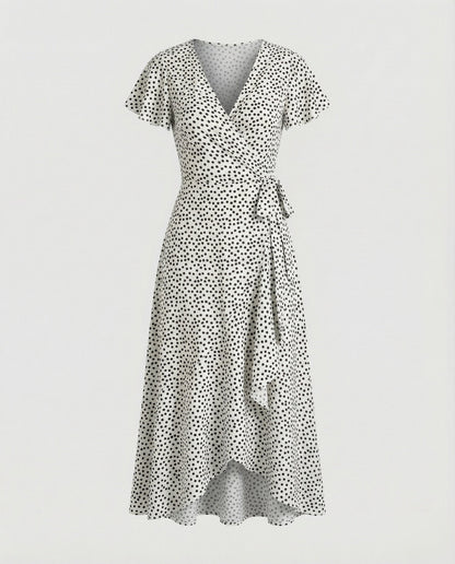 Women's Wrap Dress in Floral Print with High-low Ruffle - White colorway