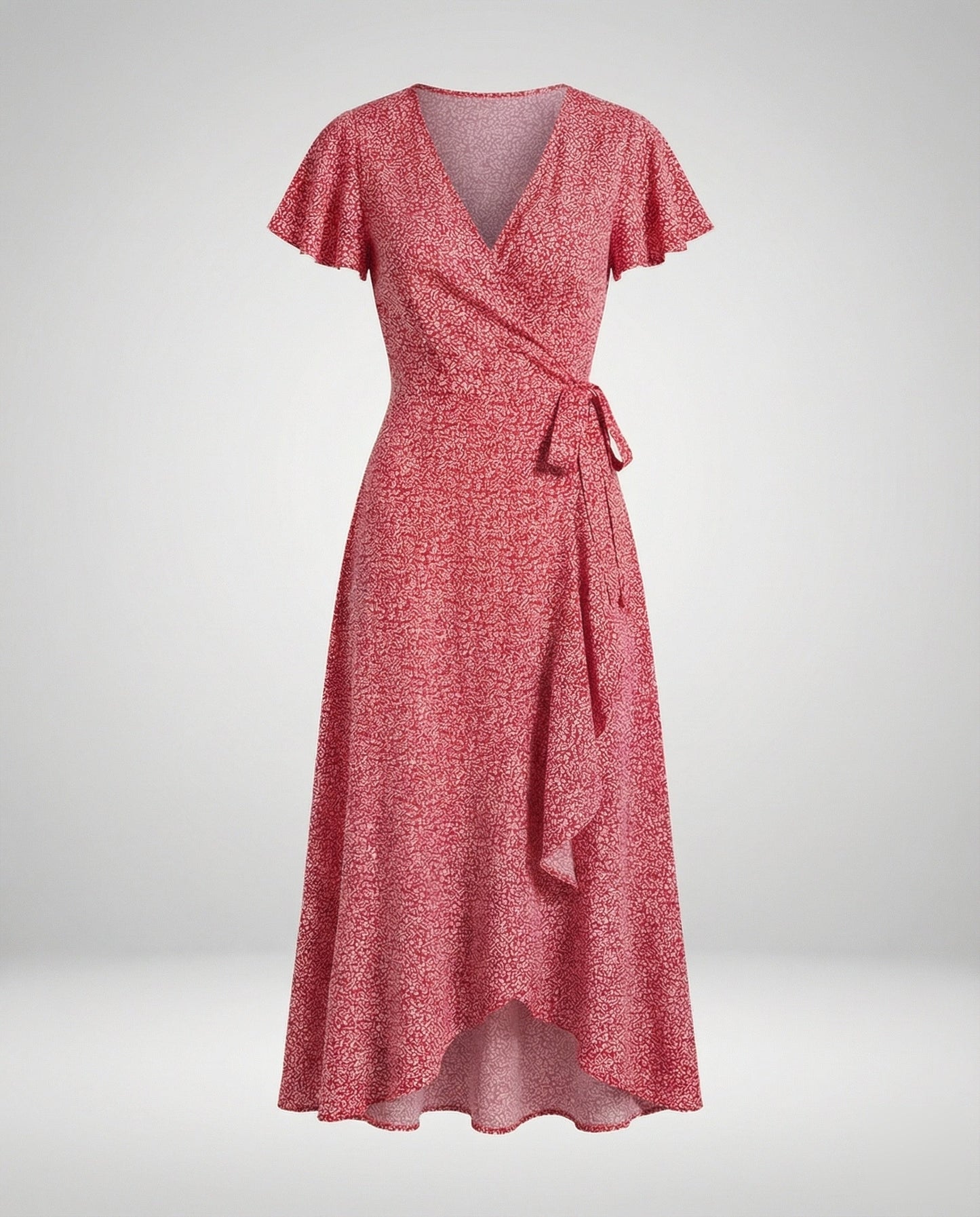 Women's Wrap Dress in Floral Print with High-low Ruffle - Wine Red colorway