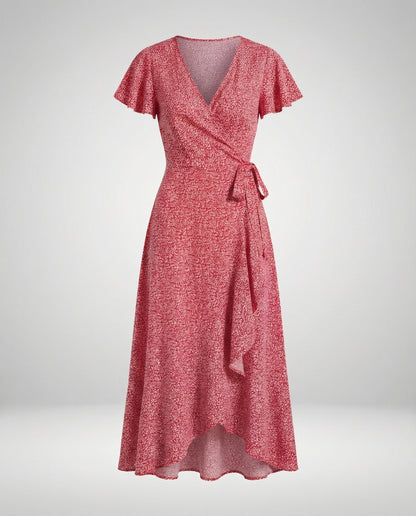 Women's Wrap Dress in Floral Print with High-low Ruffle - Wine Red colorway