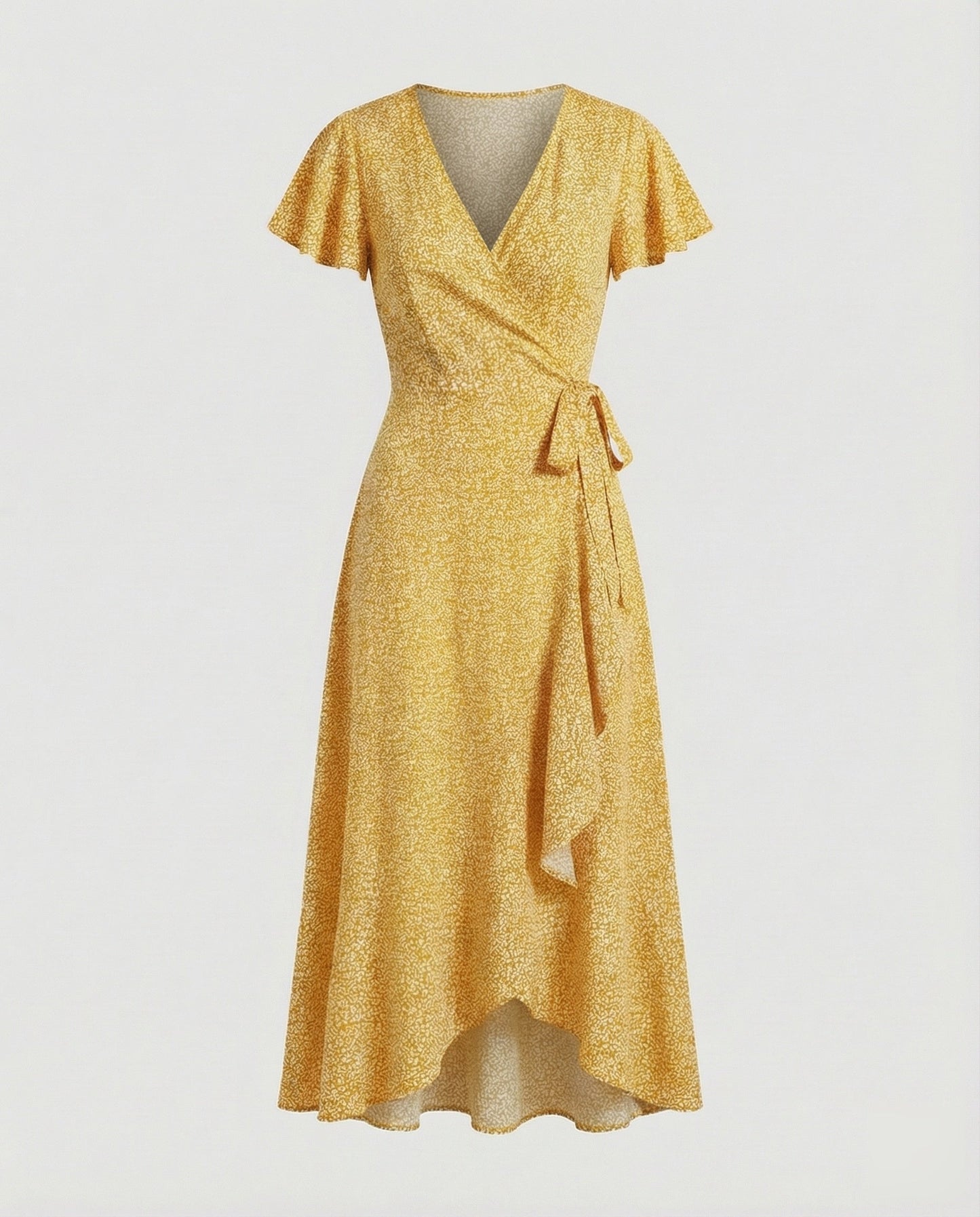 Women's Wrap Dress in Floral Print with High-low Ruffle - Yellow colorway
