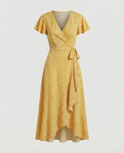 Women's Wrap Dress in Floral Print with High-low Ruffle - Yellow colorway