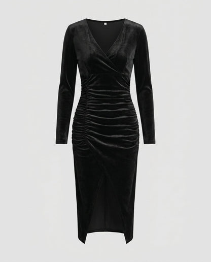 Women’s wrap dress with elegant gathering and high slit - Chichicherry